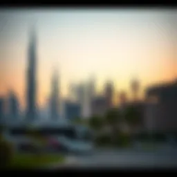 A stunning skyline view of Dubai featuring its iconic towers at sunset