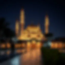 A serene view of a mosque illuminated at night during Ramadan