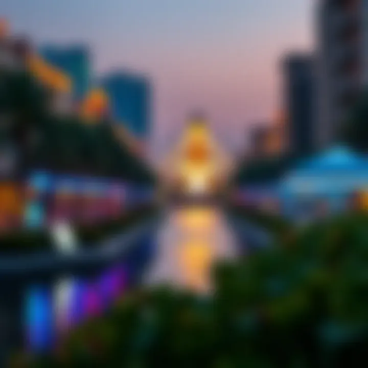 A vibrant night scene at Riverland Dubai featuring illuminated attractions.