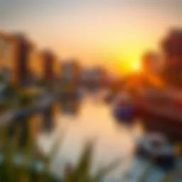 A stunning view of Riverland Dubai during sunset showcasing its vibrant attractions.