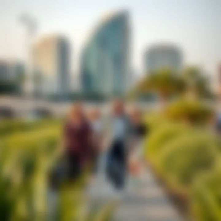 A close-up of visitors enjoying a leisurely stroll in Riverland Dubai.
