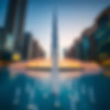 Daytime view of the Burj Khalifa with fountains in action