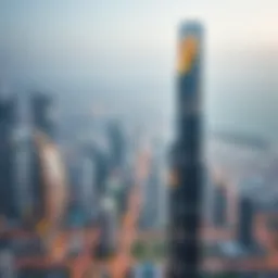 Aerial view of Al Futtaim Tower highlighting its striking silhouette against the Dubai skyline