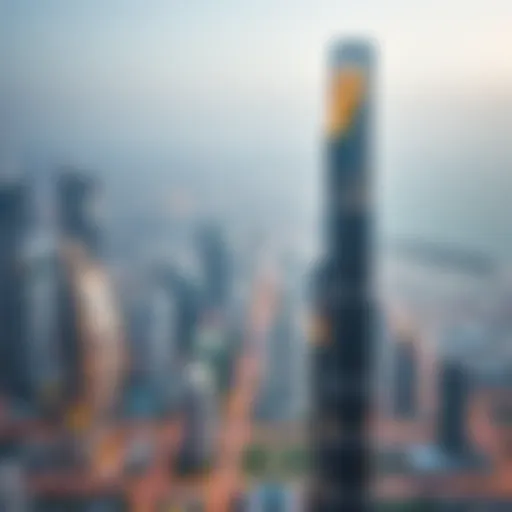 Aerial view of Al Futtaim Tower highlighting its striking silhouette against the Dubai skyline