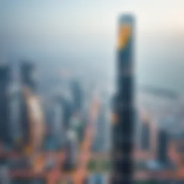 Stunning Aerial Perspective of Al Futtaim Tower Aerial view of Al Futtaim Tower highlighting its striking silhouette against the Dubai skyline